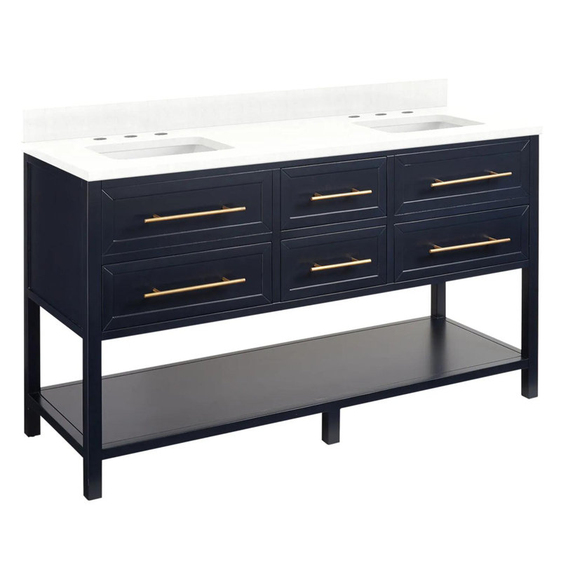 Ensemble de meuble-lavabo double 60 po avec lavabo sous le comptoir Robertson, Noir, Monotrou, Quartz blanc plume
