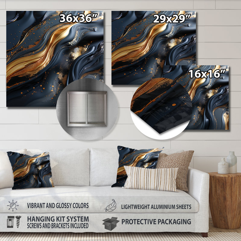 Or et gris Volcano Fusion IV - décoration murale en marbre, H 16 po x l 16 po