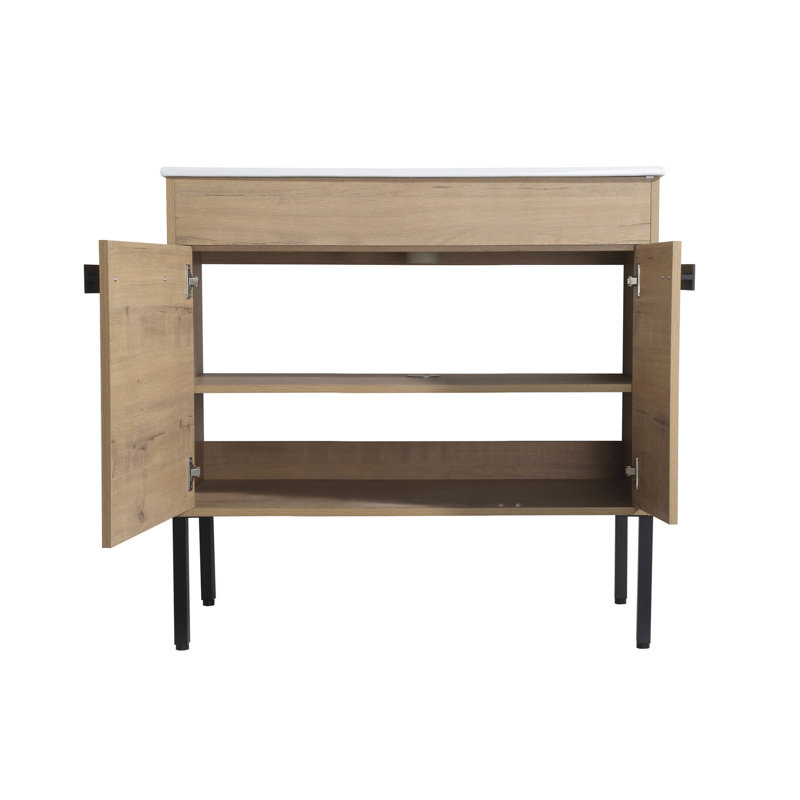 Meuble-lavabo 36 po - Armoire à deux portes et humidité imitation bois de style moderne de style chêne de 36 po avec tablettes autoportantes ou en contreplaqué 2 portes