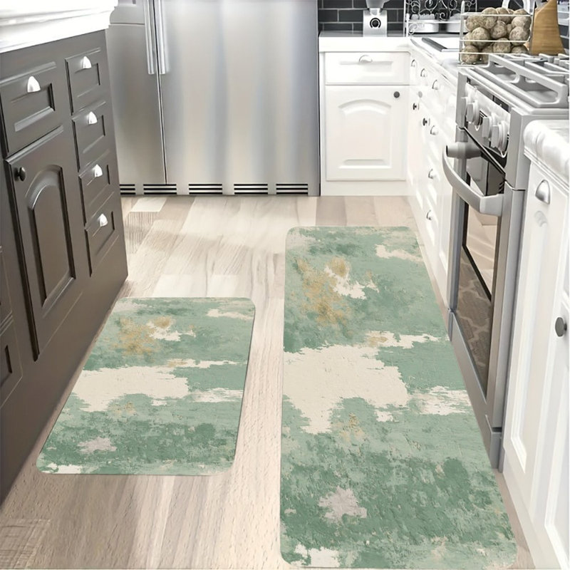 Green Vintage Distressed Texture, 2 Pcs Non Slip Kitchen Mats, Teal/Beige Abstract