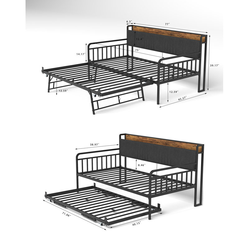 Twin Daybed with Trundle, Sturdy Metal Frame, Upholstered Headboard & Charging Station, Guest Bed, Black