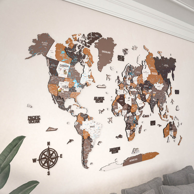 3D Wooden World Map – UV Printed Wall Art, Modern Home & Office Decor, Brown/White/Tan, 75cmH x 120cmW x 1cmD