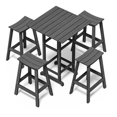 5-piece Hdpe Outdoor Bar Set – Square Patio Table & 4 Bar Stools, Weather-resistant, All-weather Furniture For Balcony, Garden, Poolside