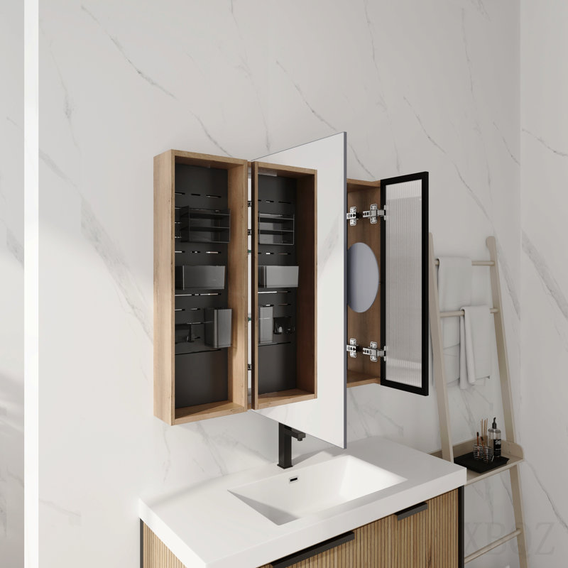 Armoire de toilette 41,7 po avec rangement, armoire à pharmacie murale avec porte miroir, tablettes en verre réglables, contreplaqué