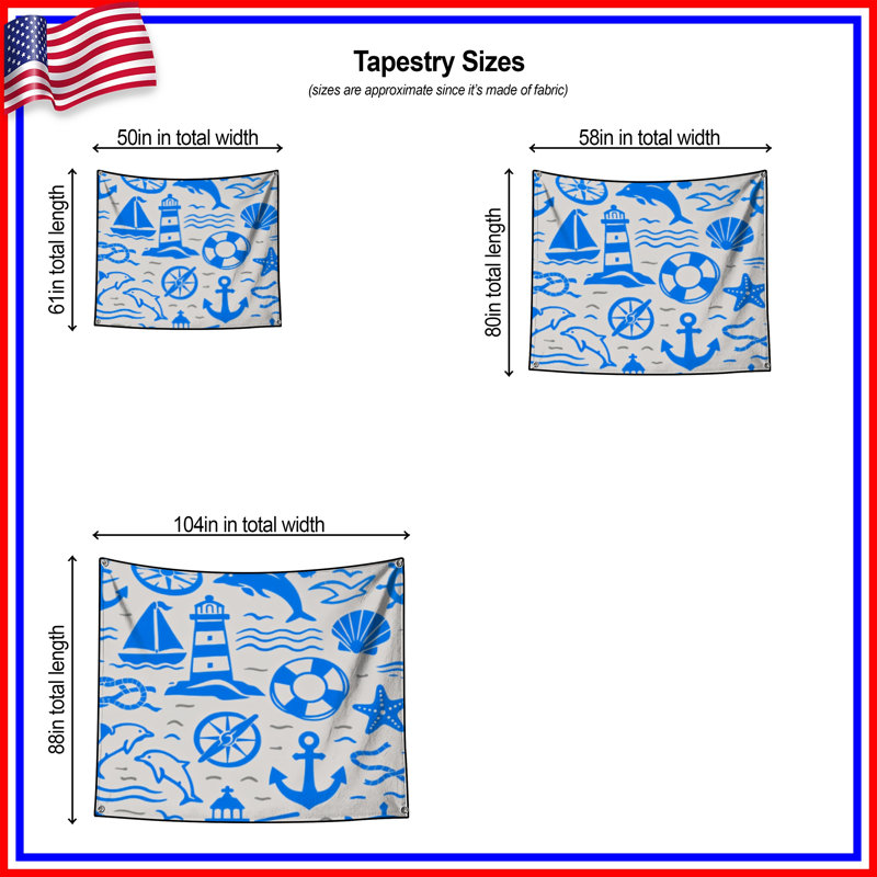 Tapisserie murale «Blue Nautical» - décoration murale nautique, 50in H x60in W with 4 Grommets