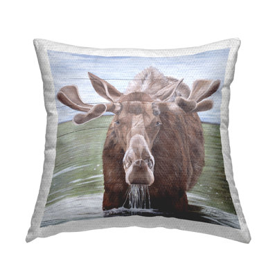 Rustic Moose in Lake Outdoor Printed Pillow by Diane Fifer