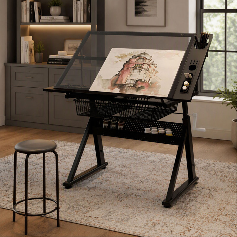 Table à dessin à manivelle réglable en verre avec chaise et rangement, pour le salon ou le bureau