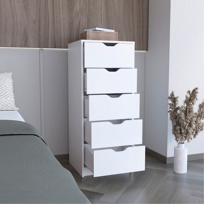 Commode haute 5 tiroirs Basilea, système coulissant - Blanc, White