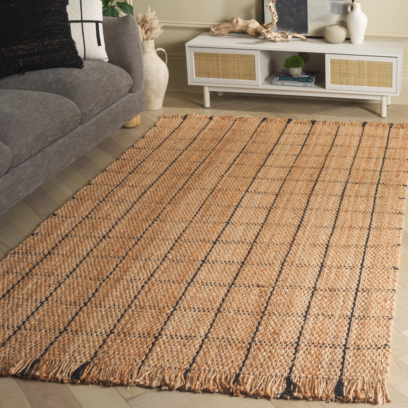 Natural Fiber 602 Hand Woven Jute Geometric Rug, Rectangle 5' x 8'