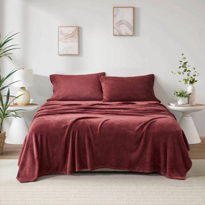 Ensemble de draps en velours 4 pièces, micro peluche bourgogne, format standard