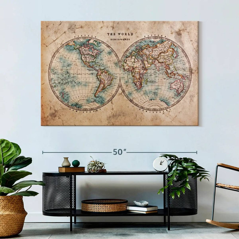 «Vintage Map Hemisphere Map», reproduction sur toile, H 34 po x l 51 po x P 1,25 po