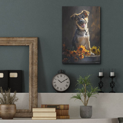 Art mural en métal Winston Porter «Cute Puppy With Orange Flowers German Shepherd» par Momart
