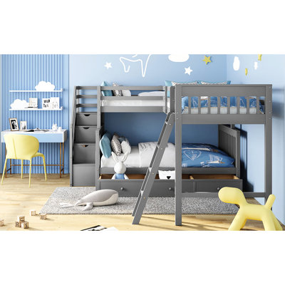 Twin Over Full L-shaped Bunk Bed In Gray. 3 Drawer Storage Option. Solid Wood. Safe With Guardrail. 118.3x96.8x61.2 Dimensions. Assembly Required Gray Drawers. Extra Possibilities. 118.3l X 96.8w