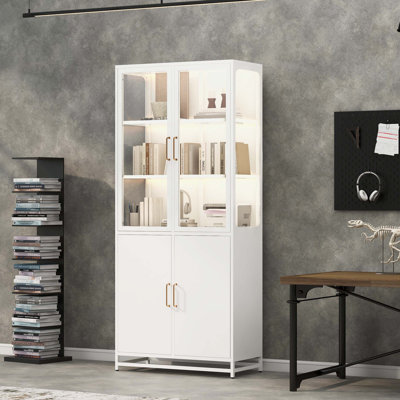 Tall Steel Display Cabinet with Three-sided Glass Panels, LED Lights and Ample Storage Space
