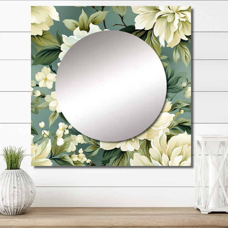Pivoine beige et verte damassée sérénité - art mural carré floral, 36 po x 36 po