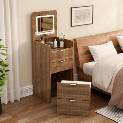 Coiffeuse 3 en 1 avec miroir lumineux rabattable et tabouret à roulettes, table de maquillage compacte avec 3 tiroirs – Ensemble coiffeuse en noyer pour chambre à coucher