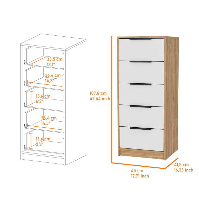 Commode 5 tiroirs, commode verticale - blanc / pin