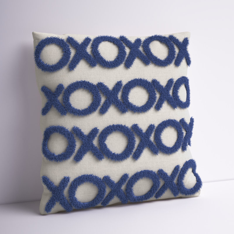 Casual Tufted XOXO Square Cotton Pillow Cover & Insert, Blue Ink