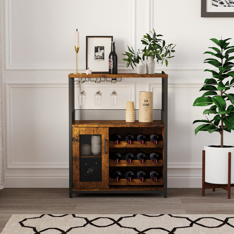 Armoire à vin avec rangement à DEL pour 12 bouteilles et porte grillagée, Brun