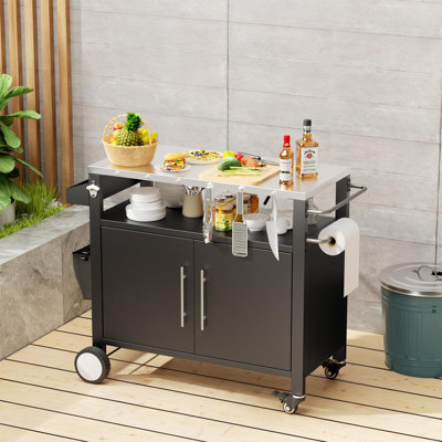 Outdoor Rolling Grill, Bar Cart – 2-Door BBQ Table with Storage, Hooks & Spice Rack