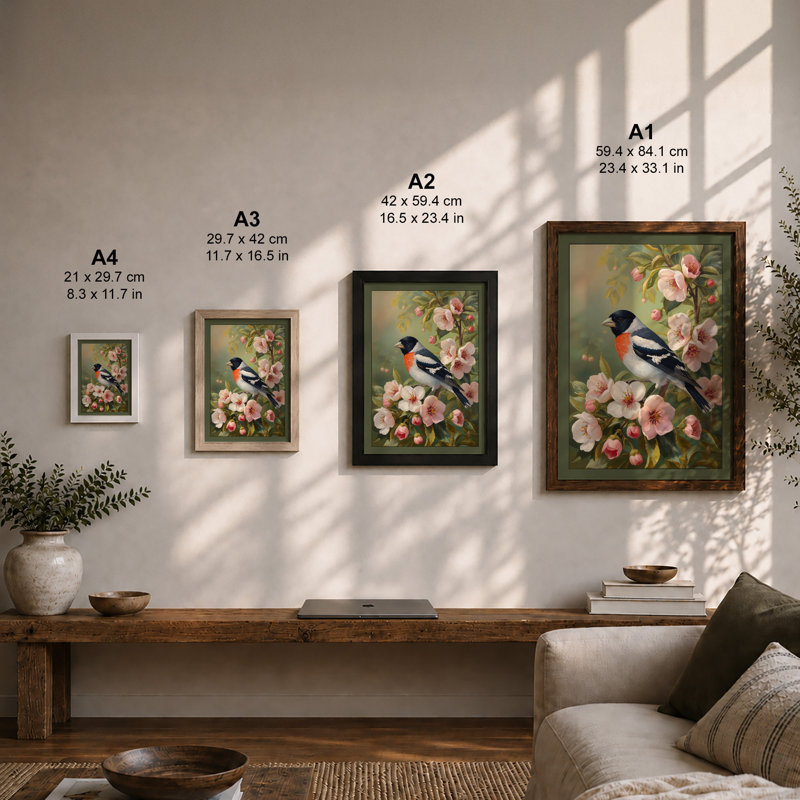 Bird Among Blossoms Botanical - Framed Print, A4 - 29.7 x 21.0 cm, White