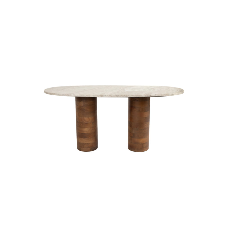 Cream Oval Marble Coffee Table with Acacia Wood Legs