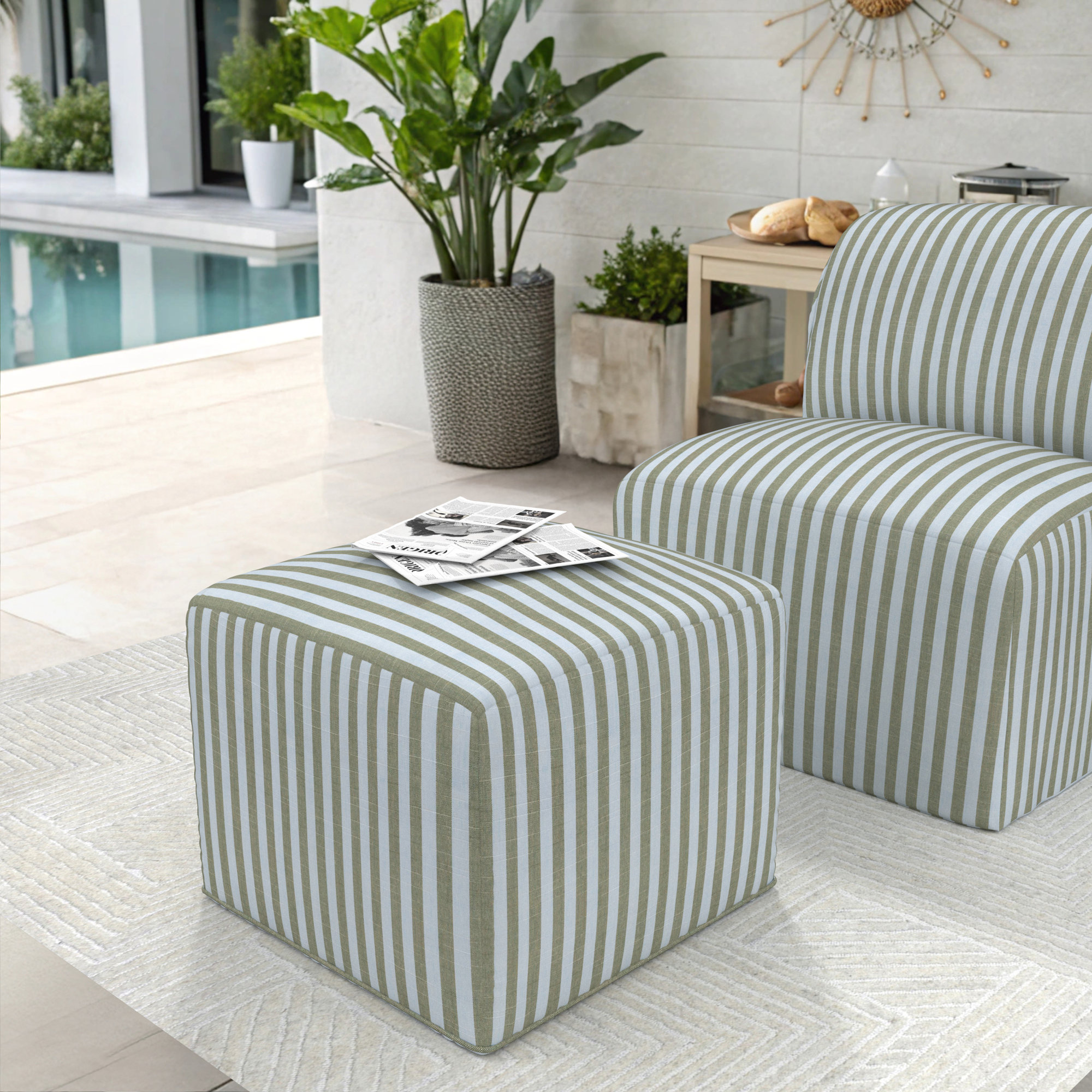 Praia Sunbrella® Outdoor Ottoman, Sail Away Aloe, 18" H x 22" W x 22" D
