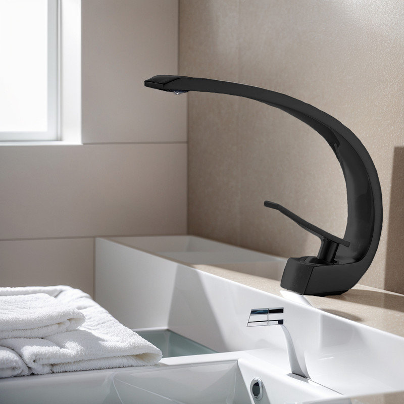 Robinet de salle de bain monocorps à poignée simple avec bec incurvé, Noir mat