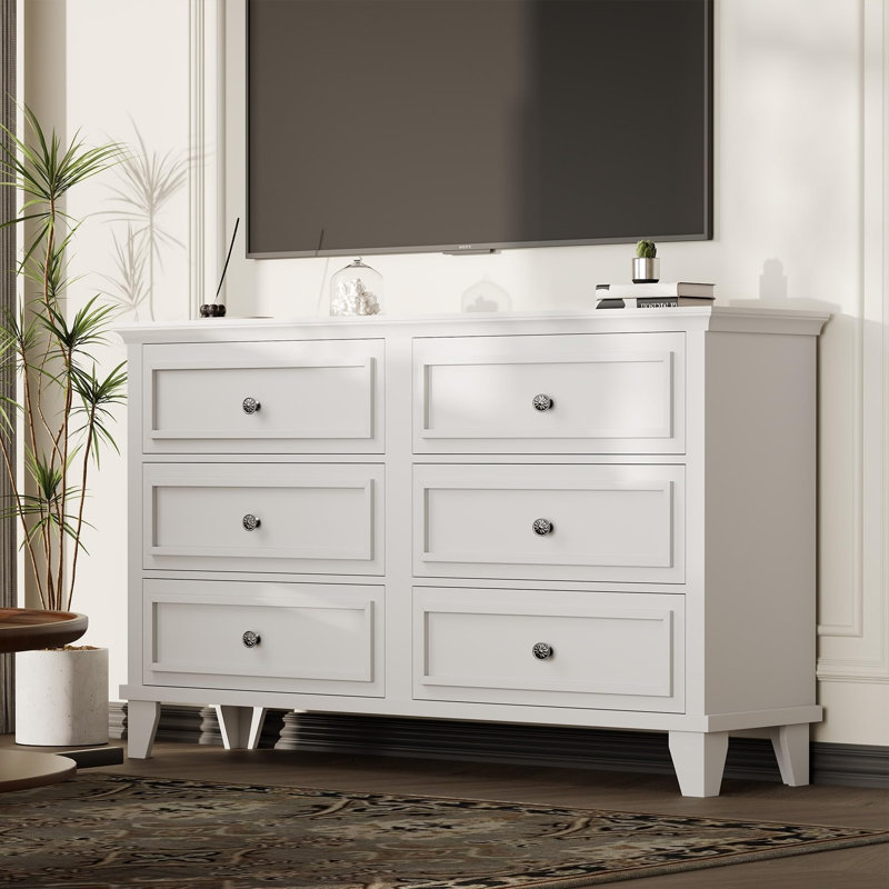 6 Drawer Dresser, Wooden Storage Chest with Metal Handles, Large TV Stand for Bedroom & Living Room, White