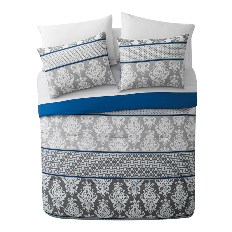 Full Blue Damask Microfiber Bed in a Bag Set