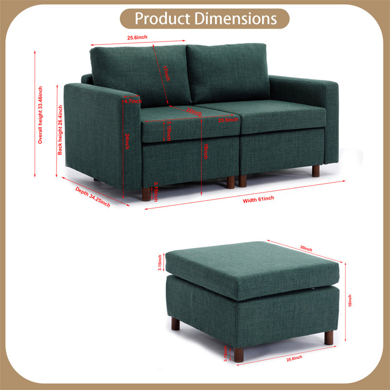 Canapé modulaire 4 pièces Adalgar, 100 % lin vert