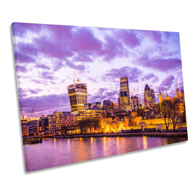 London City Skyline Purple - Wrapped Canvas Print, 81.3cm H x 121.9cm W x 4cm D