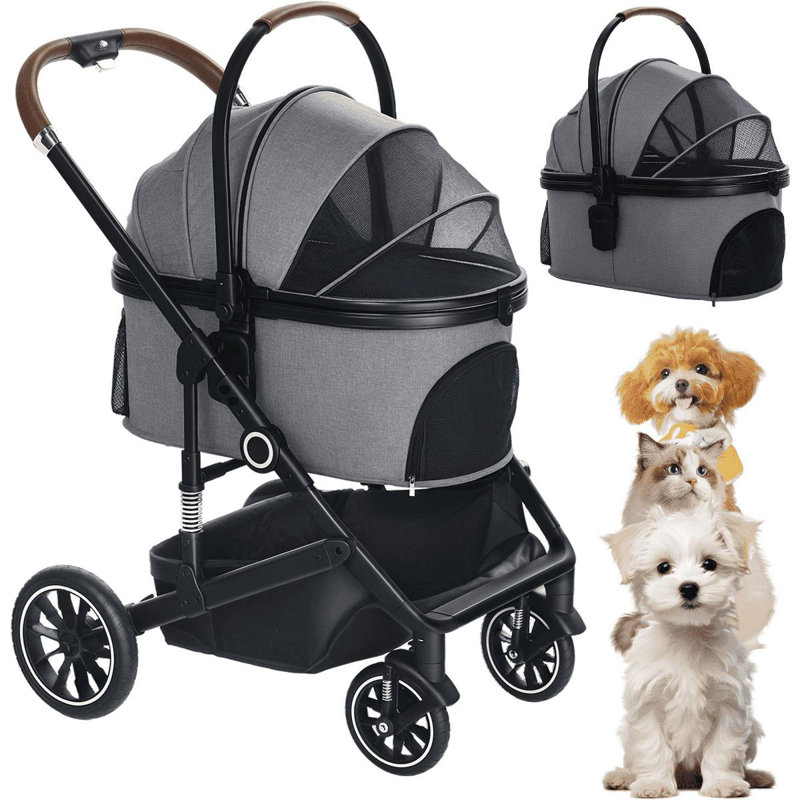 3-in-1 Pet Stroller for Dog, Folding Cat and Dog Stroller with Detachable Cradle, Gray