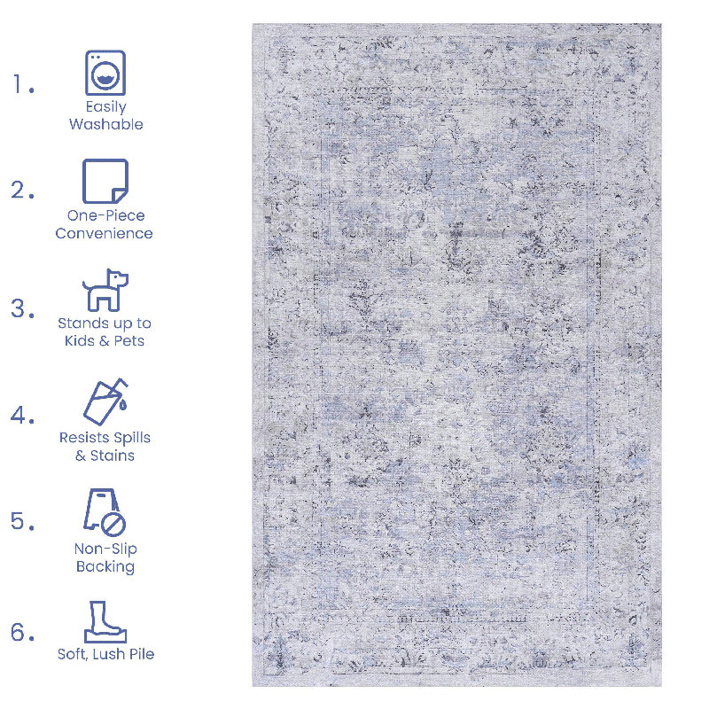 Machine-washable Bohemian Chenille Rug – Super Soft, Stain-resistant & Family-pet Friendly(blue+cream, 3' X 5')