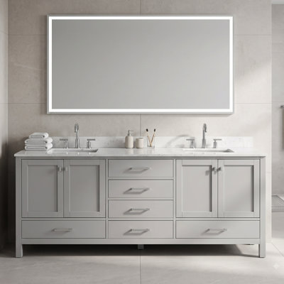 84 Inch Gray Solid Wood Double Sink Bathroom Vanity with Integrated Top