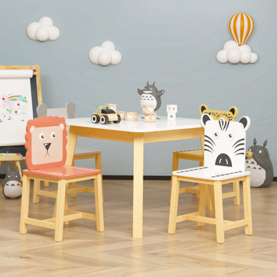 5 Piece Kiddy Table And Chair Set , Kids Wood Table With 4 Chairs Set Cartoon Animals (Bigger Table) (3-8 Years Old) by Zoomie Kids