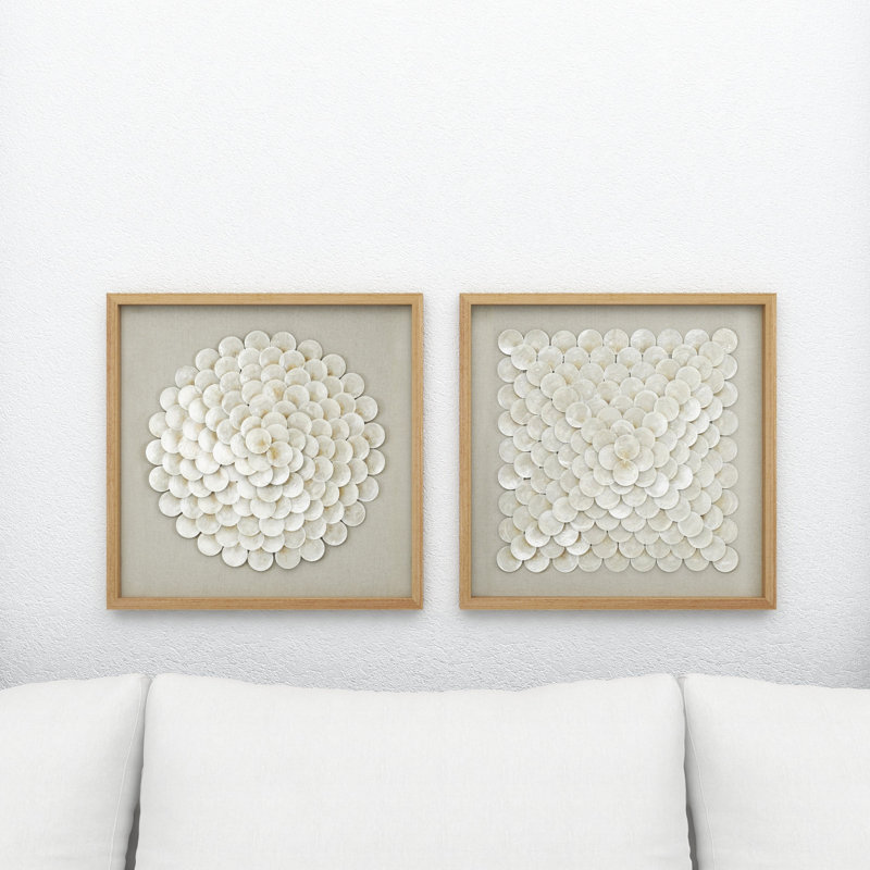 2 Piece Cream Shell Handmade Overlapping Shells Geometric Shadow Box with Canvas Backing Set