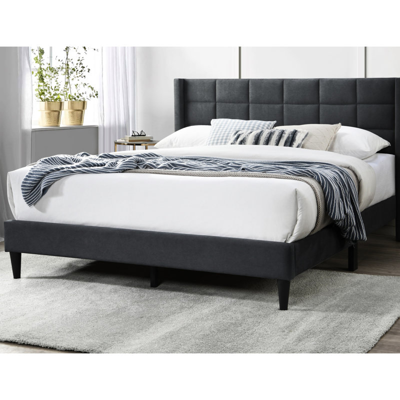 Lit double élégant et moderne avec revêtement en lin brossé gris anthracite, tête de lit rectangulaire, plateforme pour chambre à coucher