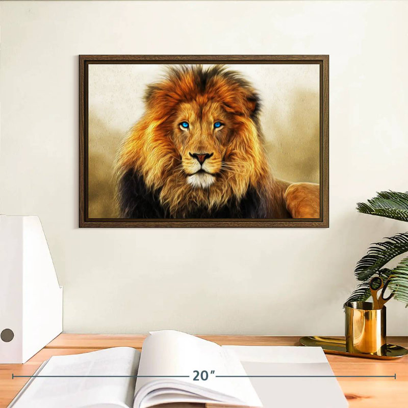 Lion aux yeux bleus, 13 po x 9 po, Cadre flottant en noyer