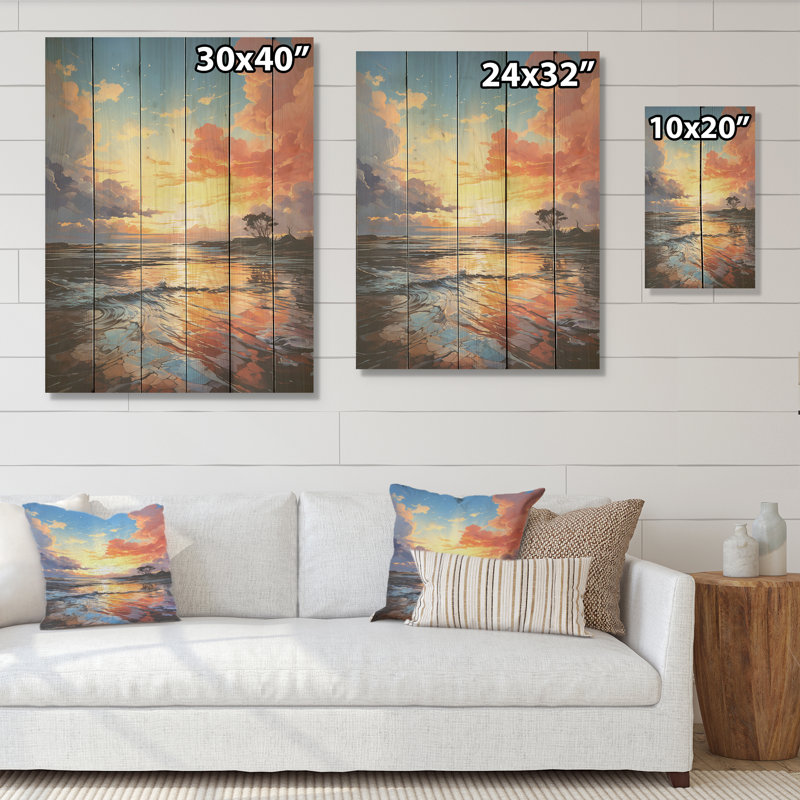 Au-delà du coucher de soleil - Art du bois du ciel sur bois de pin naturel, H 20 po x l 10 po