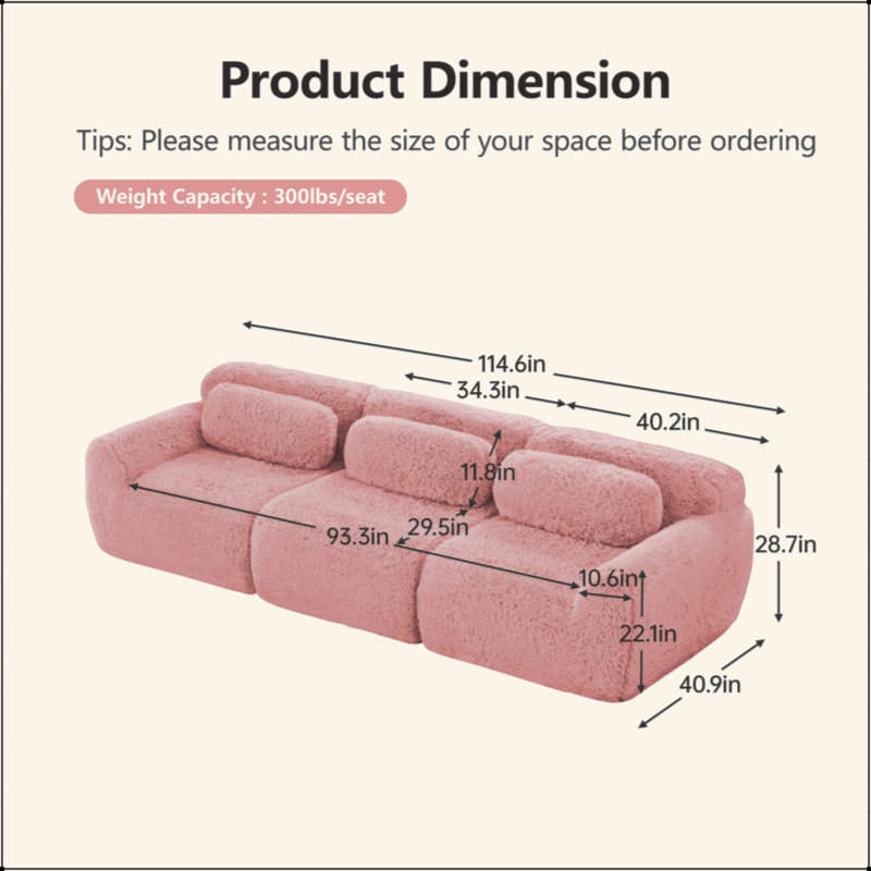 Tissu moelleux moelleux et moelleux de 114 po, canapé modulaire modulaire, conception ergonomique avec repose-pieds et coussins décoratifs, raccordement à boucle à compression complète pour étude, cinéma maison