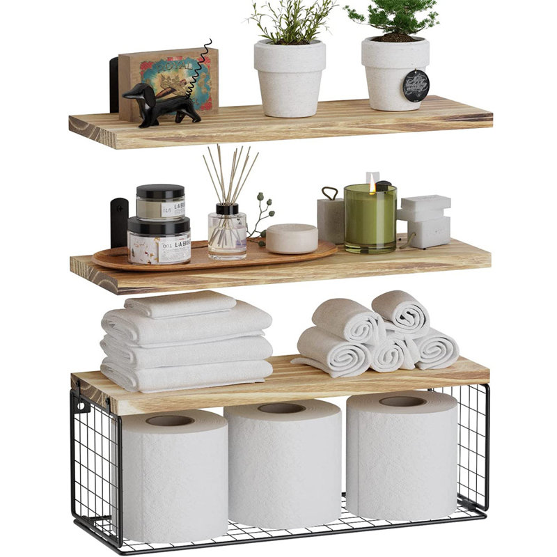 Tablettes murales flottantes avec panier en métal, Espresso