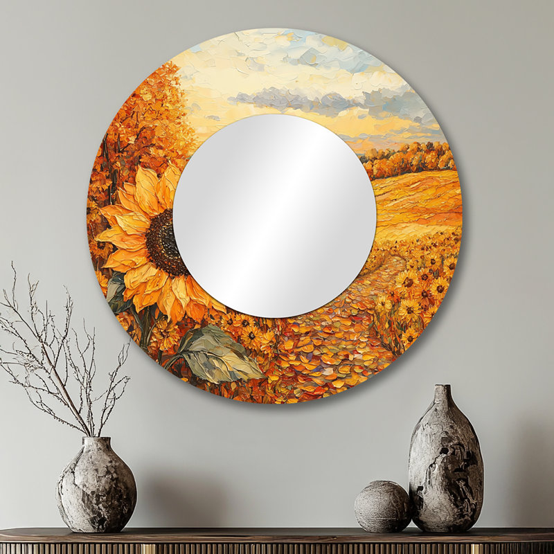«Country Side Sunflowers In Fall I» - Art mural miroir floral - imprimé sur métal, 29 po x 29 po