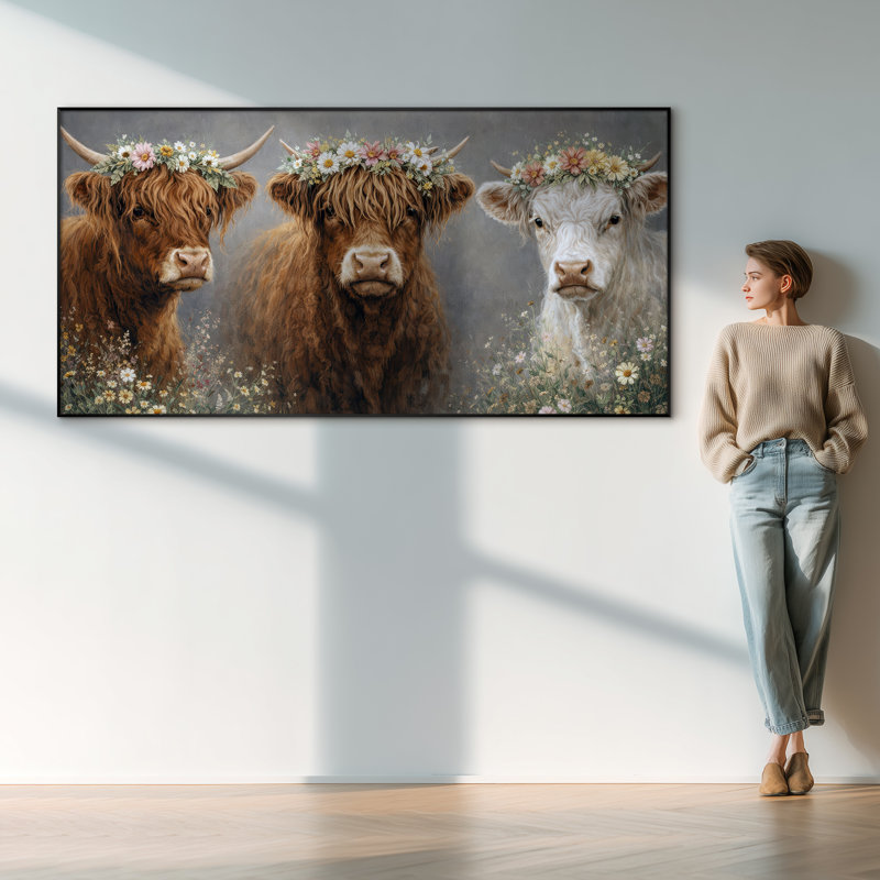 Très grand reproduction d'art sur toile - Portrait de vache brune décor de salle à manger de ferme - "Assemblage requis (cadre non fini)"