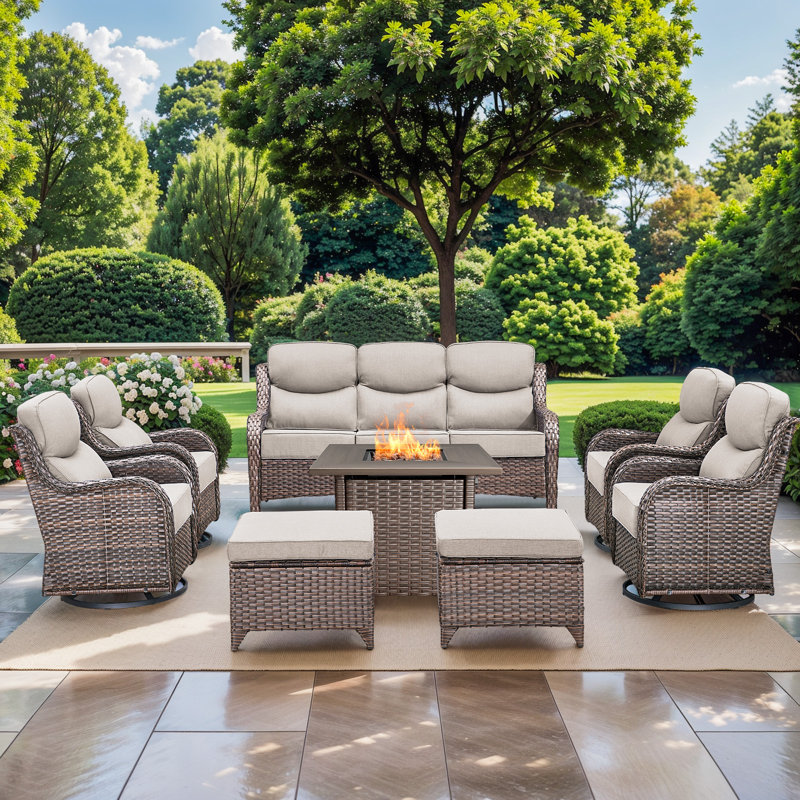 High Back Outdoor Furniture With 6-Inch Extra Thick Cushions, Patio Furniture Set With Fire Pit Table & Swivel Chairs, 8PCS Wicker Conversation Set For Yard, Deck, Poolside