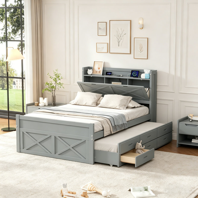 Lit double en bois avec tête de lit et prises de rangement, gigogne simple extensible avec trois tiroirs, gris