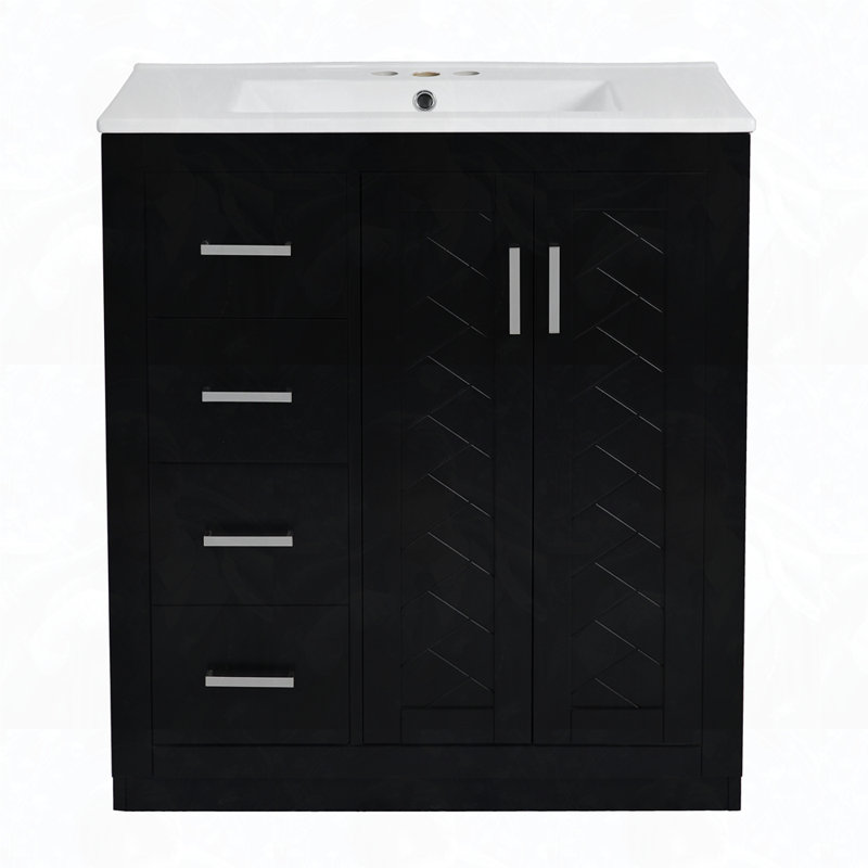 Ensemble de meuble-lavabo autoportant avec 3 tiroirs et portes à fermeture douce, Noir, noir, noir, noir