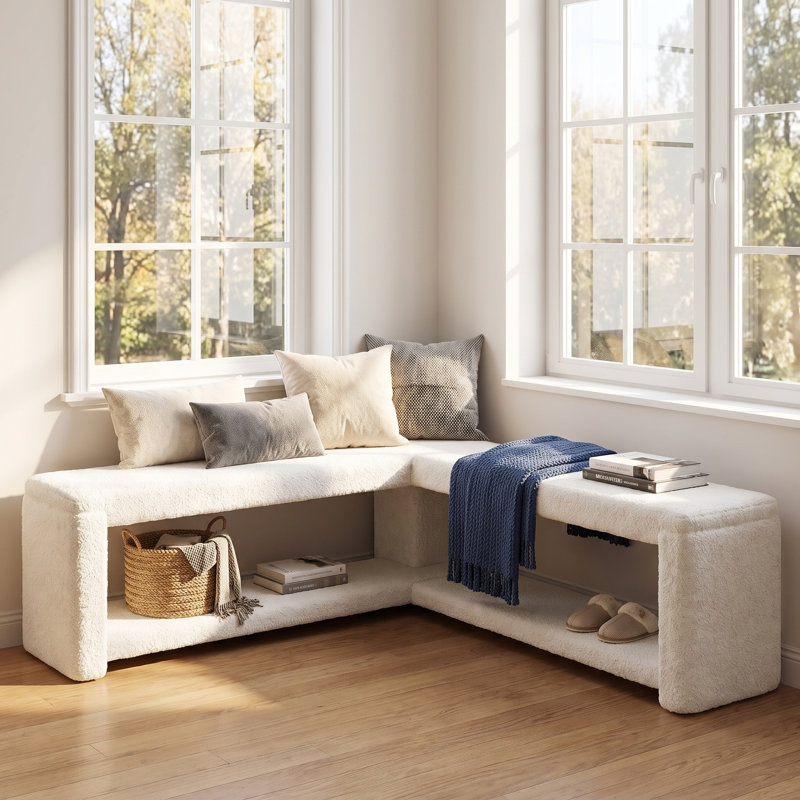 Banc d'angle capitonné en forme de L pour entrée, banc à chaussures d'angle en velours arctique avec tablette de rangement ouverte pour fenêtre de hall d'entrée ou placard