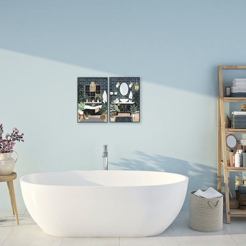Ensemble de 2 giclées encadrées de salle de bain moderne avec plantes d'intérieur, design par JJ Design House LLC