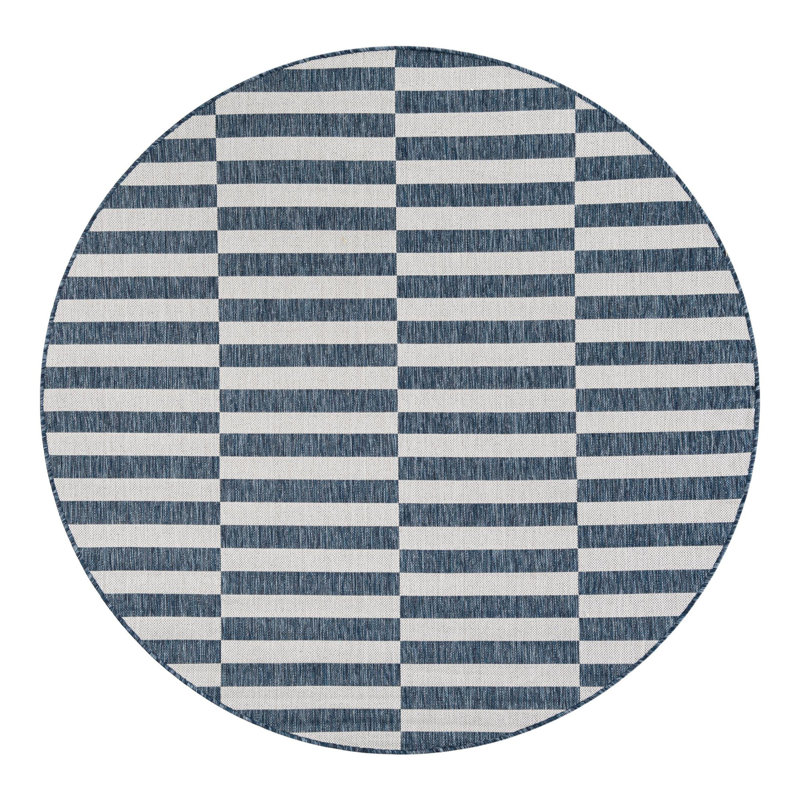 Pana Striped Navy Blue/Ivory Indoor / Outdoor Area Rug, Round 7'10"